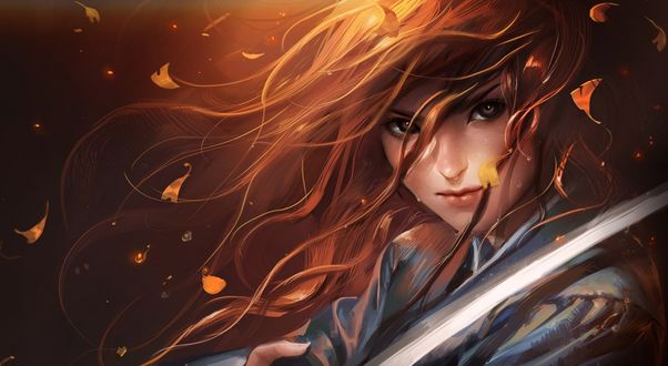 Обои на рабочий стол Самурай девушка на фоне летящих листеков, by sakimichan