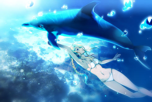 Обои на рабочий стол Девушка и дельфин под водой, art by hayakawa akari