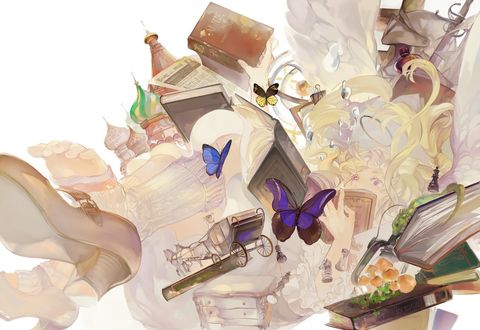 Обои на рабочий стол Девушка - ангел падает вместе с книгами и различными предметами