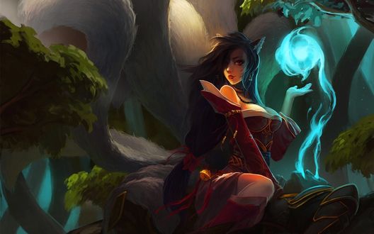 Обои на рабочий стол Ари / Ahri из игры Лига Легенд / League Of Legends, держит в руке магический шар