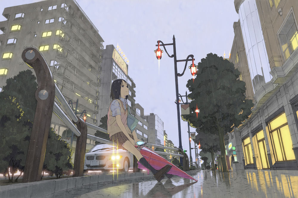 Обои для рабочего стола Девушка с зонтом в руках сидит под дождем посреди города