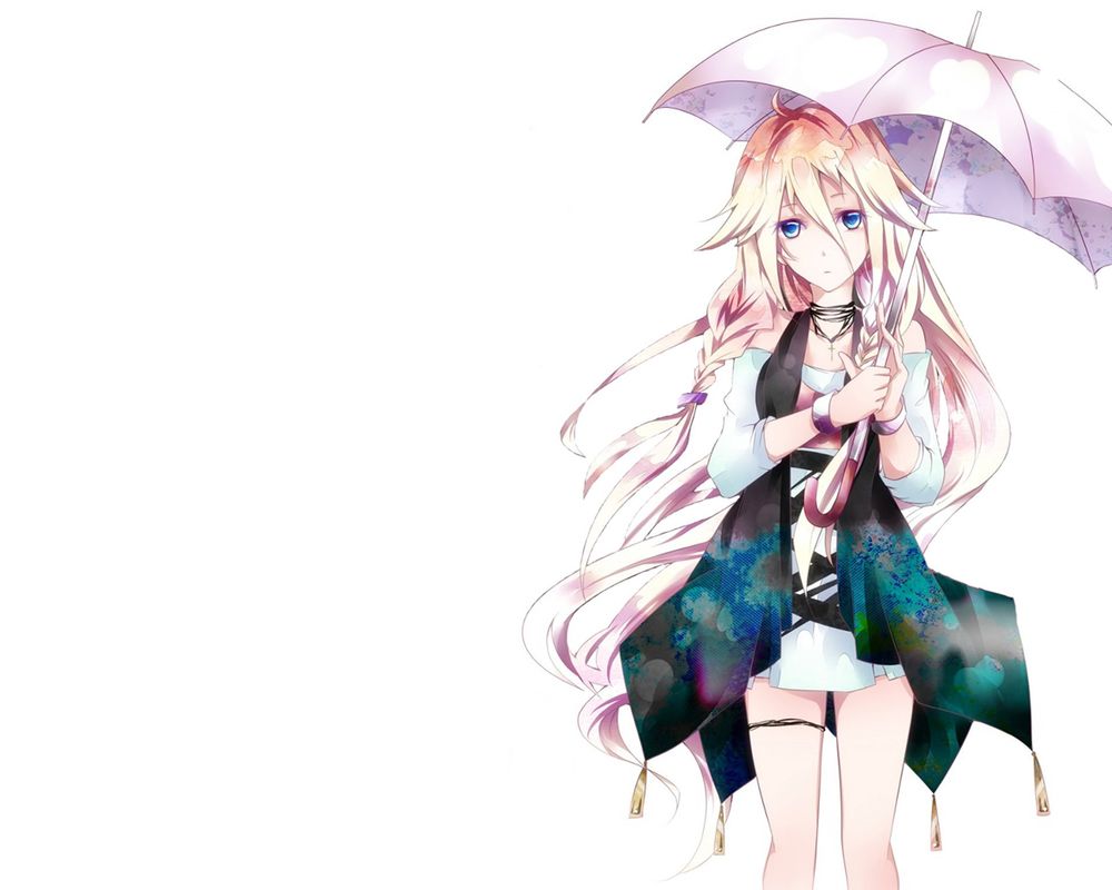 Обои на рабочий стол Vocaloid IA / Вокалоид Йа стоит на белом фоне и держит  в руке зонт, обои для рабочего стола, скачать обои, обои бесплатно