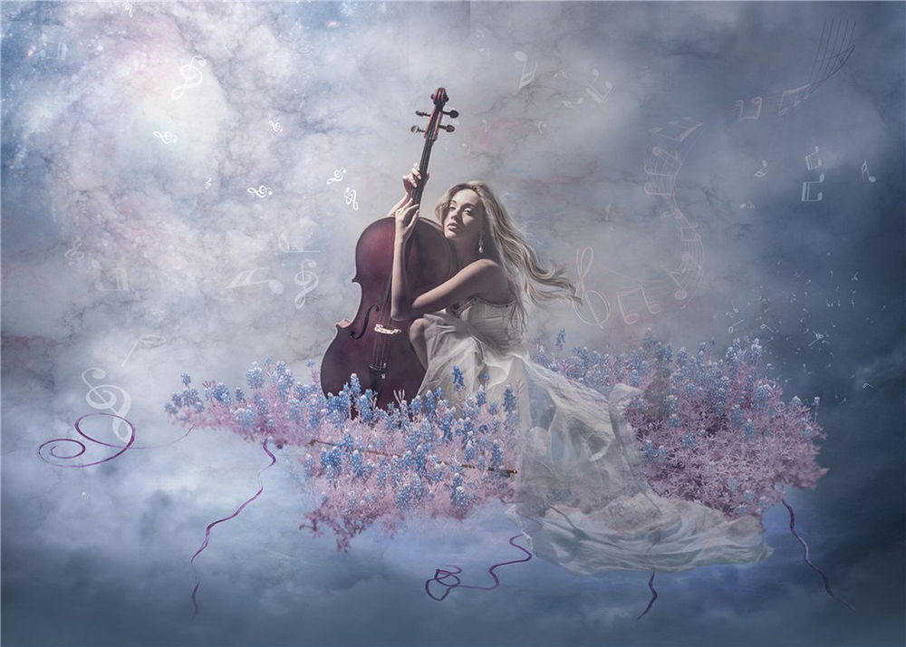 Обои для рабочего стола Светловолосая девушка в длинном, белом платье, держащая в руках виолончель, сидящая на облаке в окружении цветов, парит в небе на фоне нотных знаков, автор Nataliorion