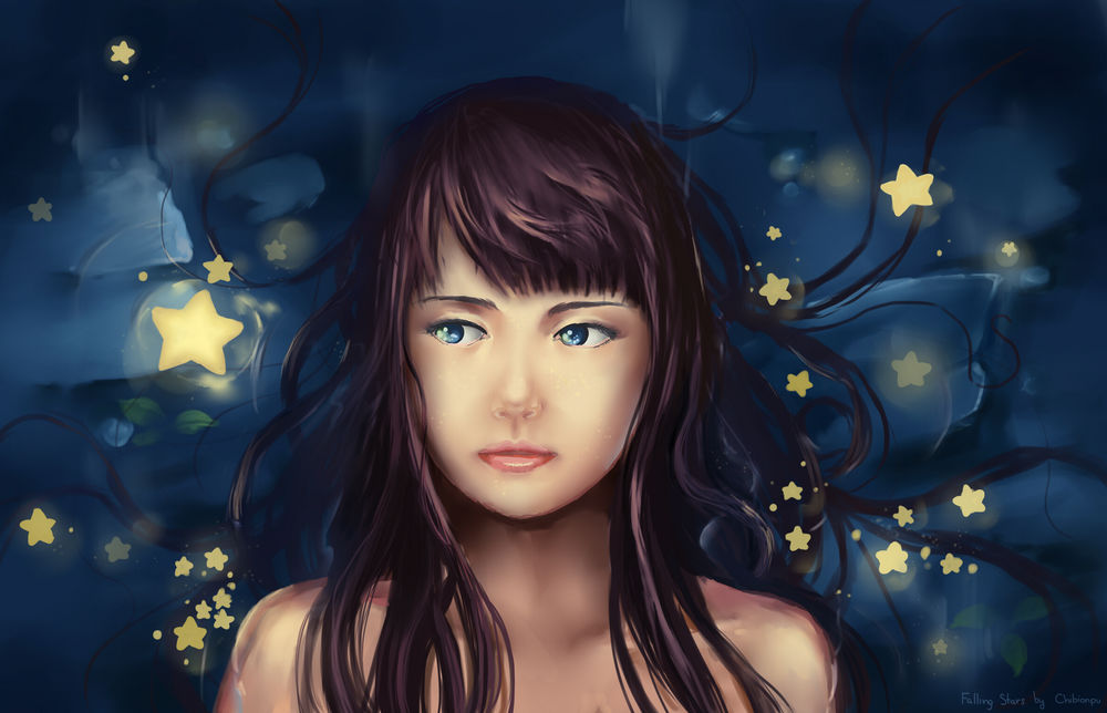 Обои для рабочего стола Темноволосая девушка со звездами в волосах, art by chibionpu