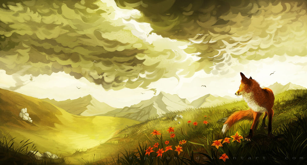 Обои для рабочего стола Лис стоит на поляне красных цветов смотря на горы вдали, художник Keprion
