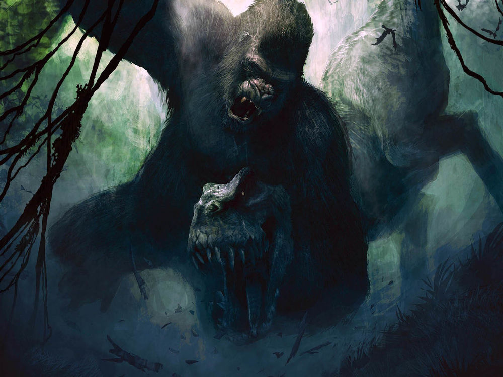 Обои для рабочего стола Кинг-Конг сражается с тираннозавром в игре Peter Jacksons King Kong