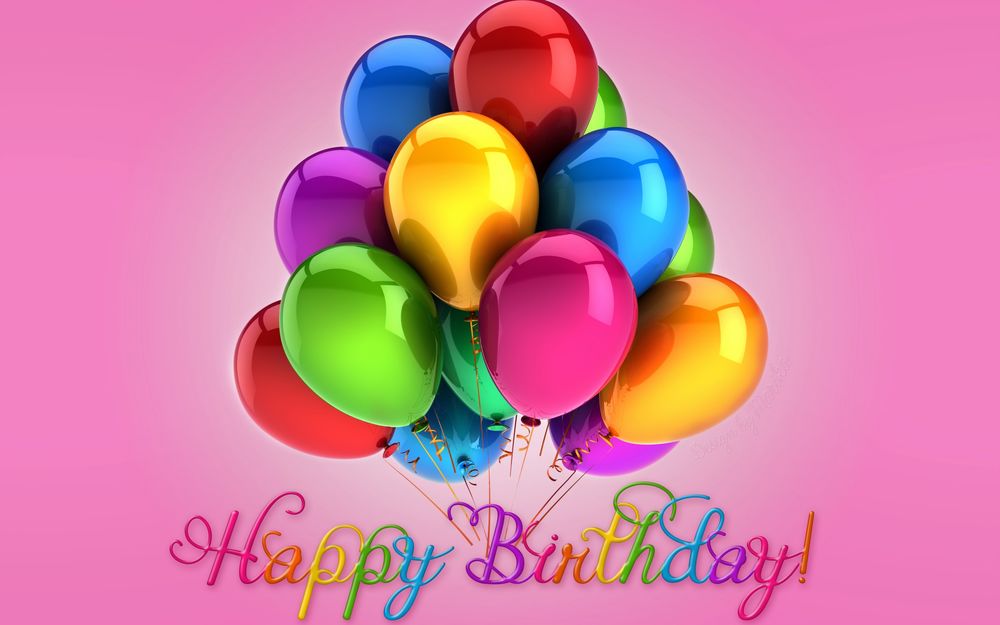 Обои для рабочего стола Разноцветные воздушные шары прикреплены к буквам Happy Birthday! / С Днем Рождения! на розовом фоне
