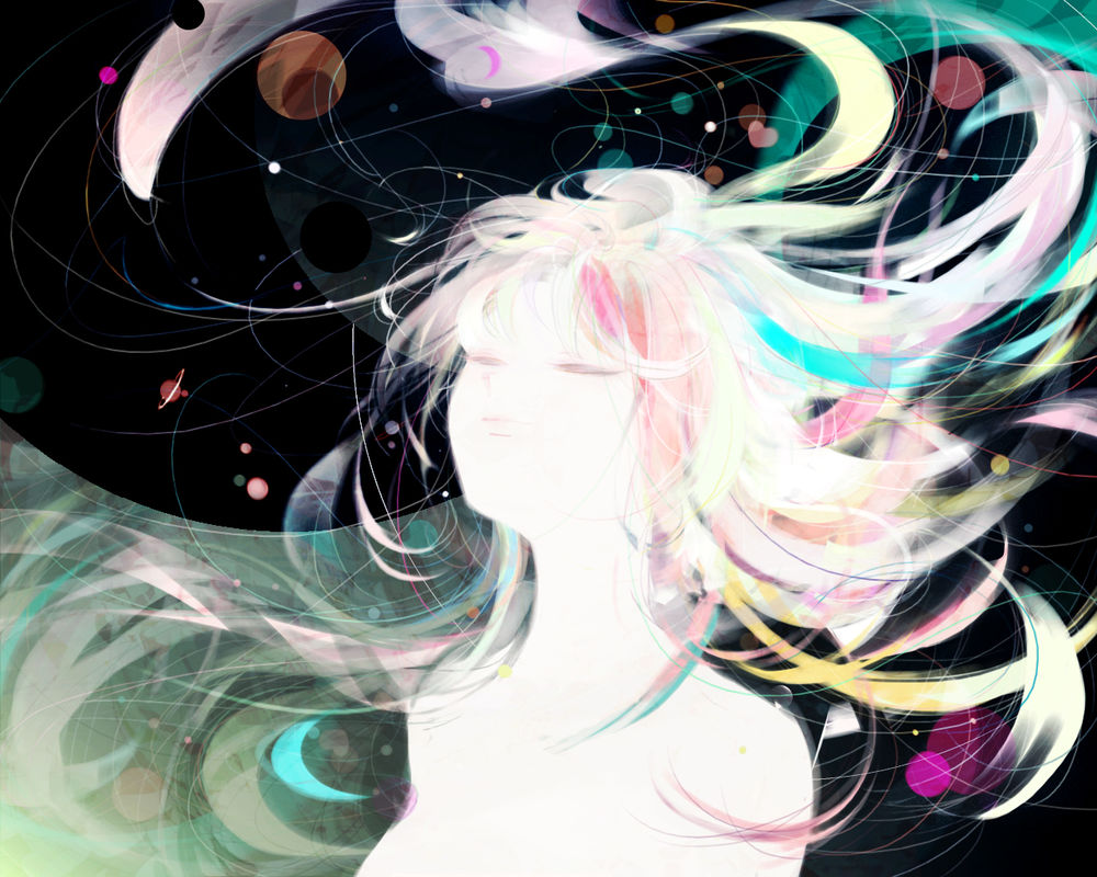 Обои для рабочего стола Девушка с разноцветными волосами в окружении планет в космосе