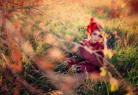 Обои на рабочий стол Девушка сидит на траве, ву Jessica Drossin