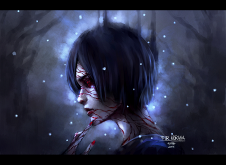 Обои на рабочий стол Темновлосая девушка под падающим снегом, art by NanFe