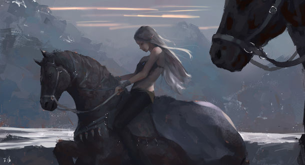 Обои на рабочий стол Эльфийка верхом на лошади, art by wlop
