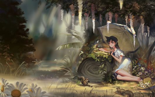 Обои на рабочий стол Девушка с белым зонтиком в лесу