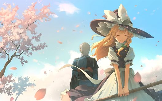 Обои на рабочий стол Kirisame Marisa / Кирисаме Мариса и Morichika Rinnosuke / Моричика Ринносуке из серии компьютерных игр Touhou Project / Проект Восток / Тохо, art by Eho