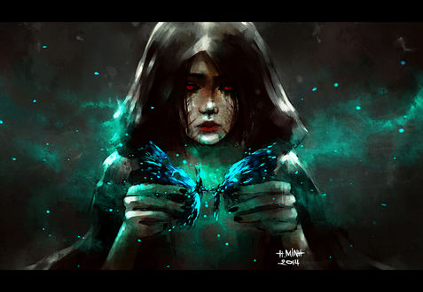 Обои на рабочий стол Девушка разрывает бабочку, art by nanfe