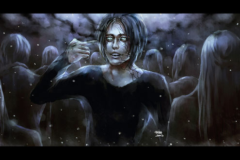Обои на рабочий стол Парень приставил палец к виску, art by nanfe