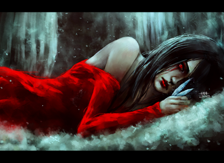 Обои на рабочий стол Девушка держит в руке насекомое, art by NanFe