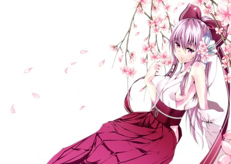 Обои на рабочий стол Hakurei Reimu сидит под цветущей сакурой из игры Touhou / Проект Восток