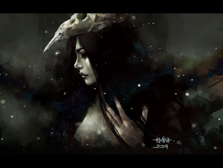 Обои на рабочий стол Девушка с черепом животного на голове, art by NanFe