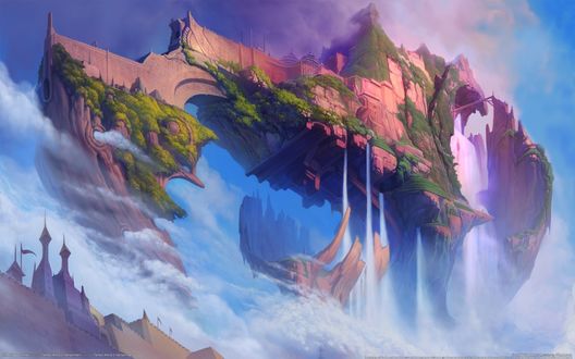 Обои на рабочий стол Воздушный остров с водопадами и скалами, арт к игре Ether Saga Online