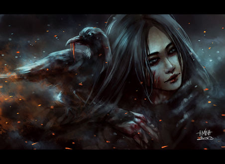 Обои на рабочий стол У девушке на руке сидит ворон, art by NanFe
