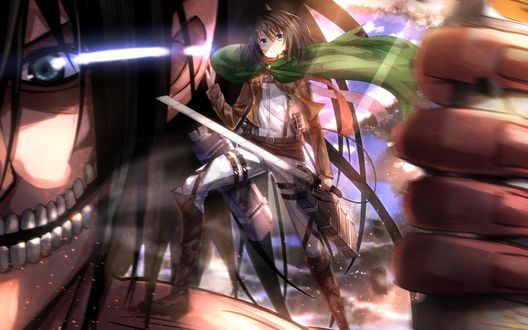 Обои на рабочий стол Микаса Аккерман / Mikasa Ackerman на плече у Эрена Джагера / Eren Jaeger в облике гиганта из аниме Атака Титана / Attack on Titan / Shingeki no Kyojin