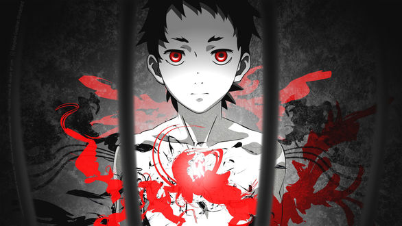 Обои на рабочий стол Igarashi Ganta / Игараси Ганта за решеткой с камнем в груди, от которого исходит красный свет, аниме Deadman Wonderland / Страна чудес смертников