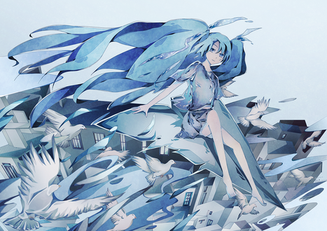 Обои на рабочий стол Vocaloid Miku Hatsune / Вокалоид Мику Хатсуне летит на бумажном самолете