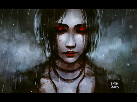 Обои на рабочий стол Девушка под дождем, art by NanFe