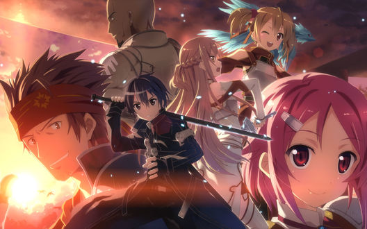 Обои на рабочий стол Кирито / Kirito в черном плаще и с мечом в окружении героев аниме Мастера меча он-лайн / Sword Art Online