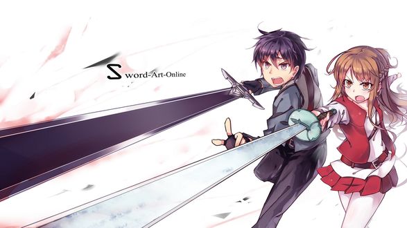 Обои на рабочий стол Кирито / Kirito и его супруга Асуна / Asuna вместе атакуют мечами, аниме Мастера меча он-лайн / Sword Art Online