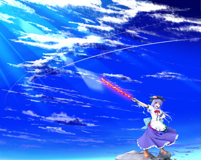 Обои на рабочий стол Тэнси Хинанай / Tenshi Hinanawi из игры Touhou Project / Проект «Восток» на фоне неба