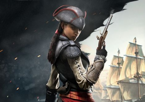 Обои на рабочий стол Девушка-ассасин Aveline / Эвелин с пистолетом в руке, персонаж из игры Assassinґs Creed 3: Liberation
