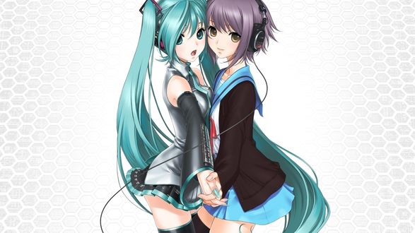 Обои на рабочий стол Vocaloid Hatsune Miku / Вокалоид Хатсуне Мику и Yuki Nagato / Юки Нагато из аниме Suzumiya Haruhi no Yuutsu / Меланхолия Харухи Судзумии держатся за руки