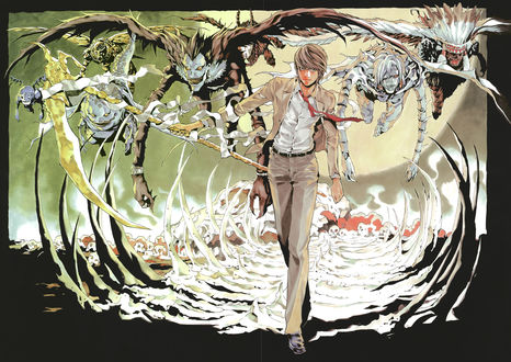 Обои на рабочий стол Ягами Лайт / Yagami Light с косой, за которым летят боги смерти, аниме Тетрадь смерти / Death Note