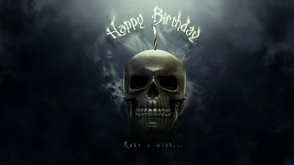 Обои на рабочий стол Череп со свечкой и пожеланием Happy Birthday / С днем рождения