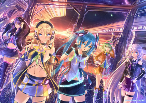 Обои на рабочий стол Vocaloid Hatsune Miku / Вокалоид Хатцуне Мику, Gumi Megpoid / Гуми Мегпоид, IA / Йа, Lily / Лили, Yuzuki Yukari / Юзуки Юкари, art by Kazeno