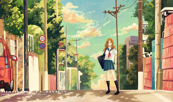 Обои на рабочий стол Девушка в школьной форме стоит на дороге, art by Vivid&;&;