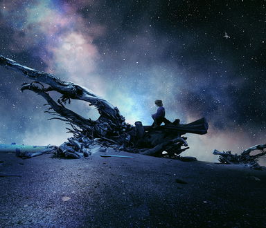 Обои на рабочий стол Силуэт девушки, сидящей на корневище высохшего дерева на фоне ночного, звездного неба и Млечного пути, автор Garas Ionut