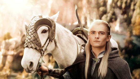 Обои на рабочий стол Принц Леголас / Legolas с белым конем, персонаж фильма Властелин колец / Lord of the Rings