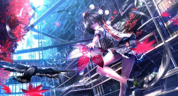 Обои на рабочий стол Shameimaru Aya / Ая Шамеймару из серии компьютерных игр Touhou Project / Проект Восток, art by Ryosios