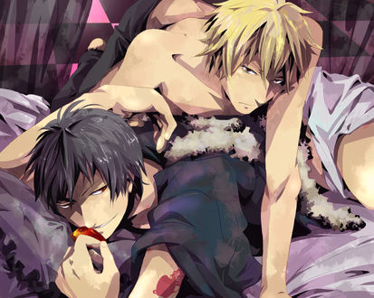 Обои на рабочий стол Orihara Izaya / Орихара Изая и Heiwajima Shizuo / Хэйваджима Шизуо из аниме Durarara / DRRR / Дюрарара / Всадник без головы, art by Onoya Bumpkin