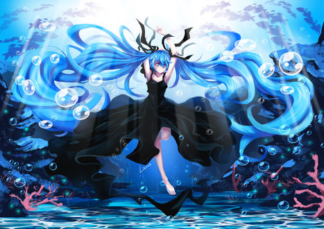 Обои на рабочий стол Vocaloid Hatsune Miku / Вокалоид Хатсунэ Мику под водой, art by litsvn