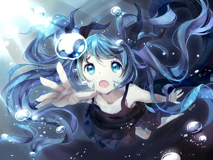 Обои на рабочий стол Vocaloid Hatsune Miku / Вокалоид Хатсунэ Мику под водой, art by bisonbison