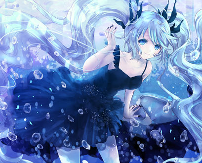 Обои на рабочий стол Vocaloid Hatsune Miku / Вокалоид Хатсунэ Мику в черном платье под водой, art by alicetype