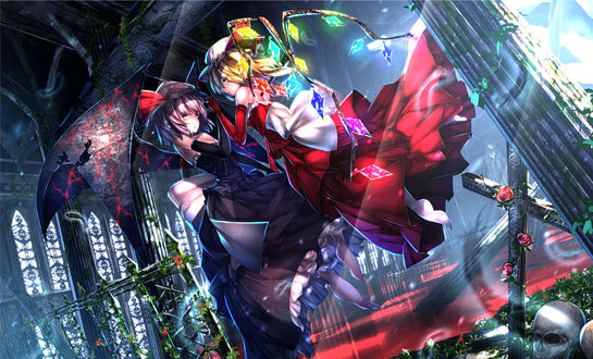 Обои на рабочий стол Remilia Scarlet / Ремилия Скарлет и Flandre Scarlet / Фландре Скарлет в заброшенном соборе, из серии компьютерных игр Touhou Project / «Проект «Восток»», art by ryosios