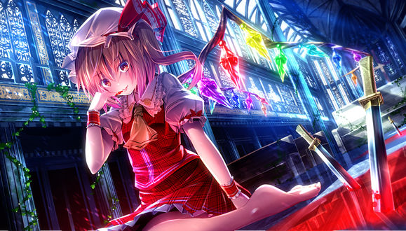 Обои на рабочий стол Flandre Scarlet / Фландре Скарлет сидит на полу в заброшенном соборе, из серии компьютерных игр Touhou Project / «Проект «Восток»», art by ryosios