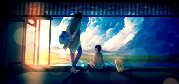 Обои на рабочий стол Парень подходит к девушке с цветами за спиной, art by Tamagosho