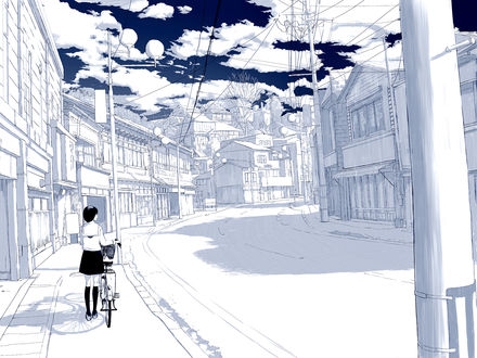 Обои на рабочий стол Девушка с велосипедом в городе, art by Emukami