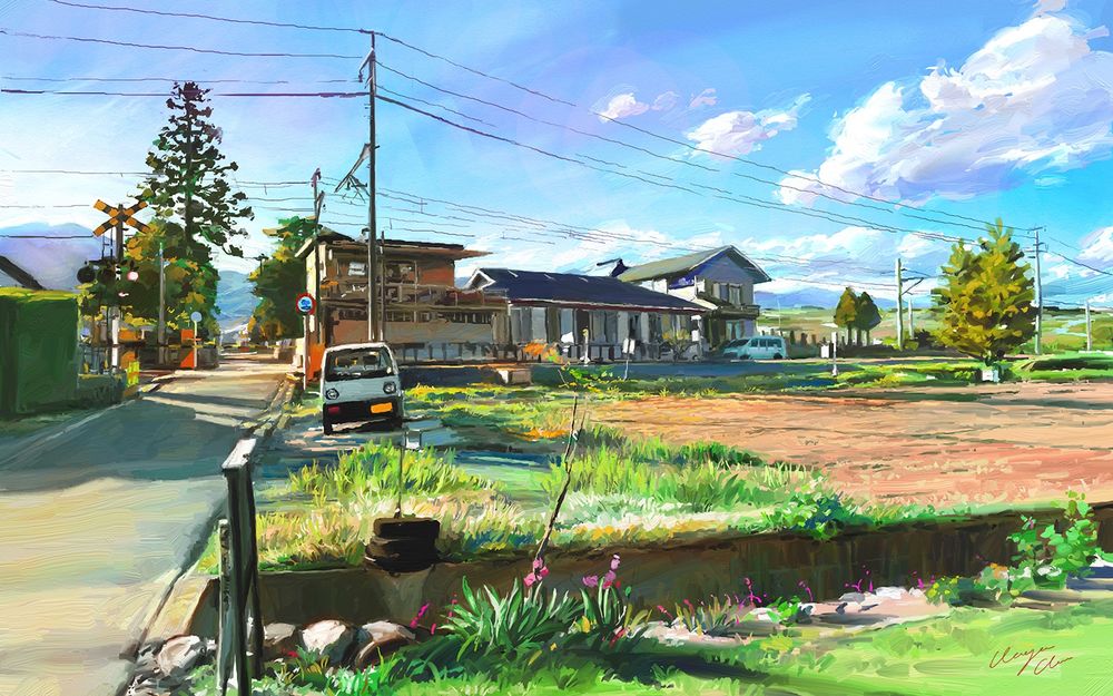 Обои для рабочего стола Авто стоит около дороги на фоне домов, деревьев и облачного неба, Япония
