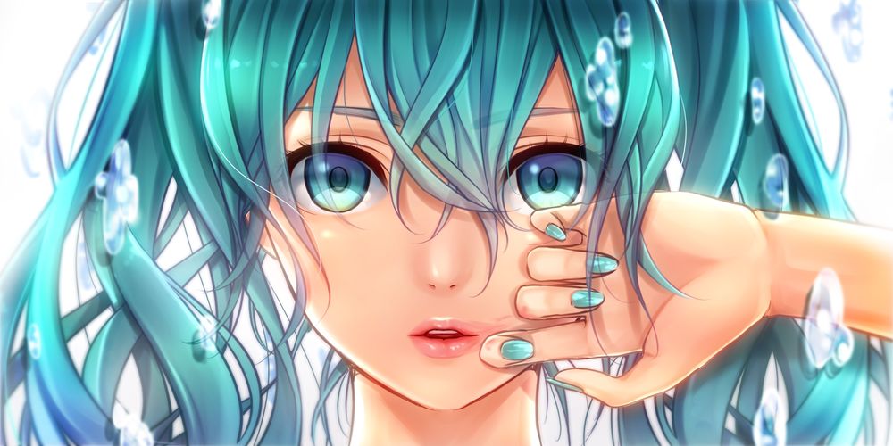 Обои для рабочего стола Вокалоид Мику Хатсуне / Vocaloid Hatsune Miku, прижимает руку к щеке, вокруг нее летаю капли воды, художник Masami Chie